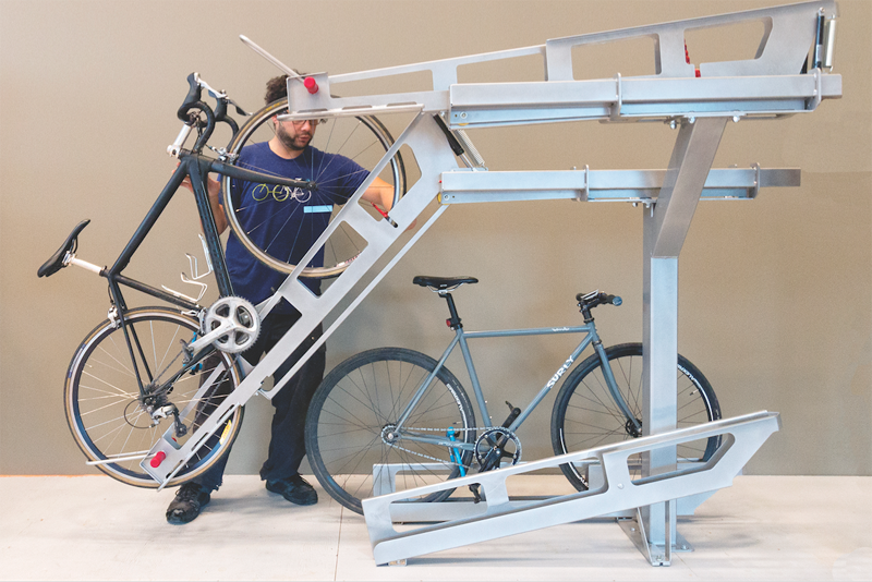 The Dero Decker two-tiered bike parking system