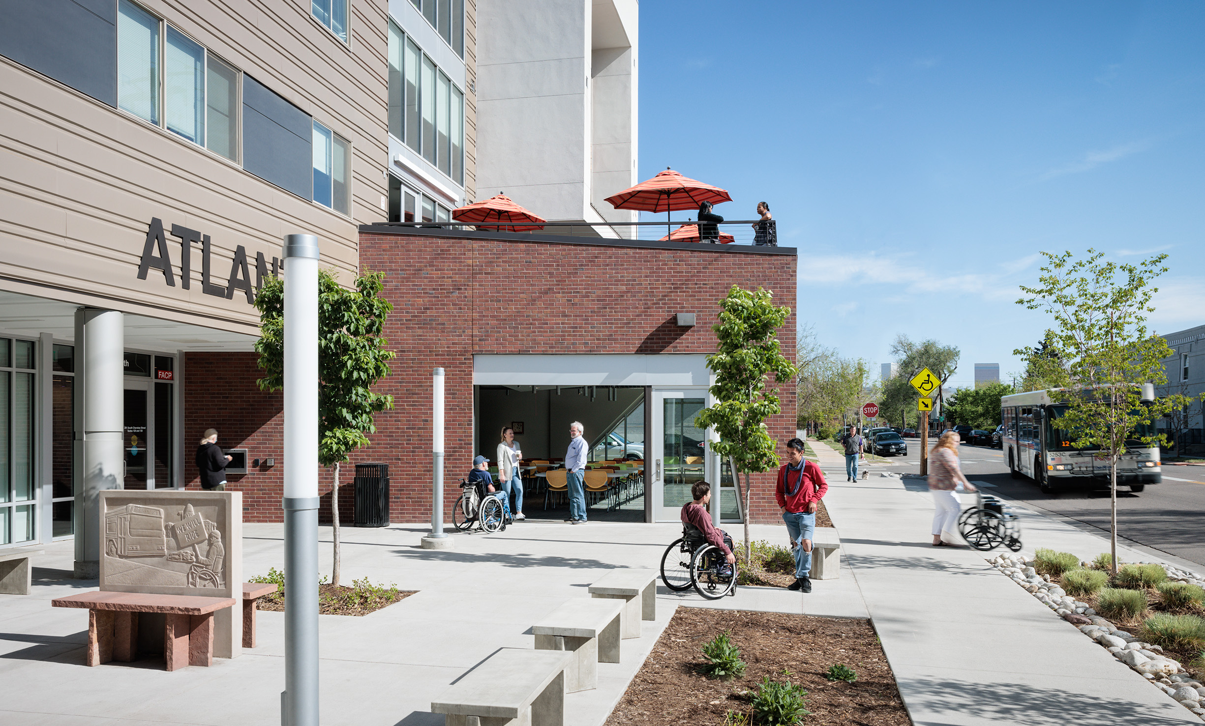 Exterior of building entry to accessible housing community