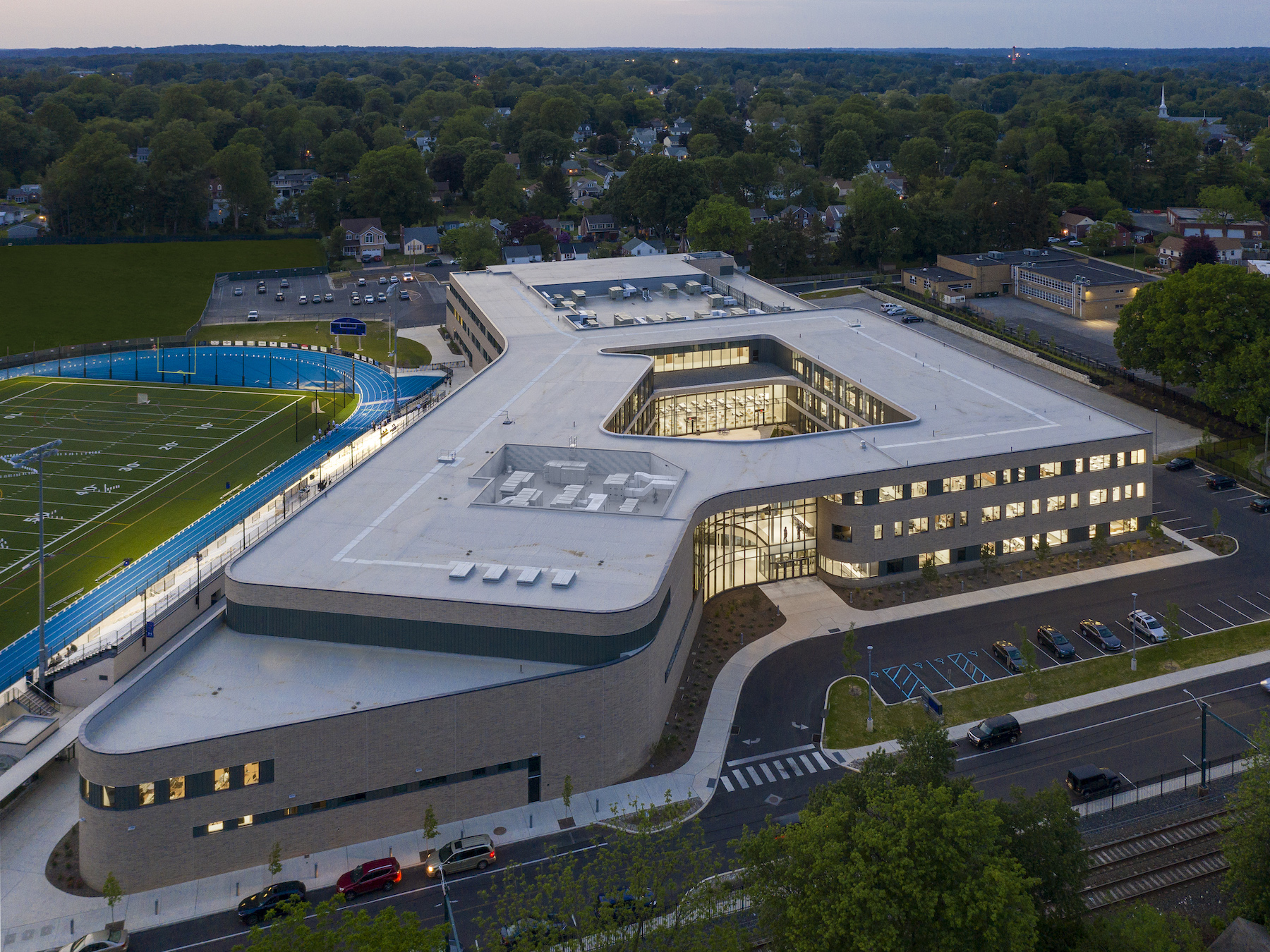 The curved shape of a new high school in Springfield, Pa., is meant to evoke welcome to its community. 