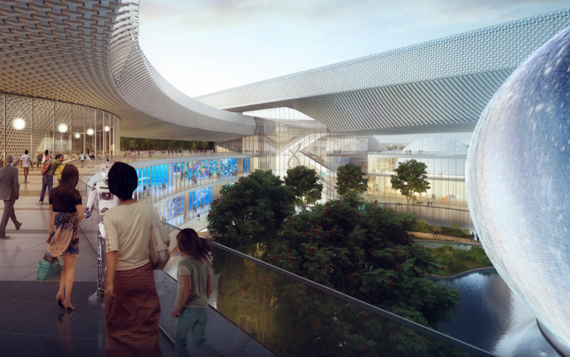 View of an interior courtyard and exhibit space at the new Suzhou museum