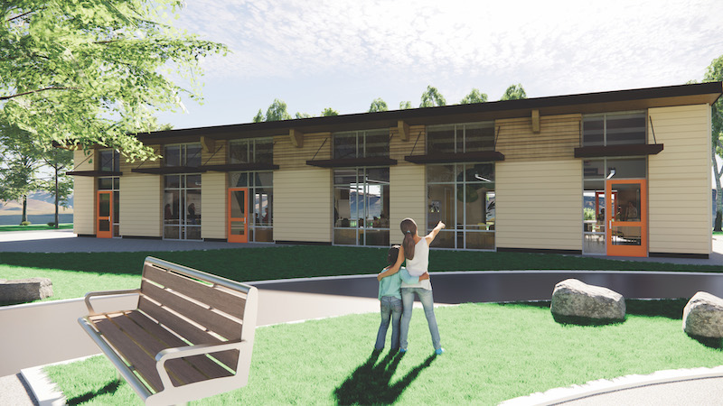 Exterior rendering of mass-timber TimberQuest school building