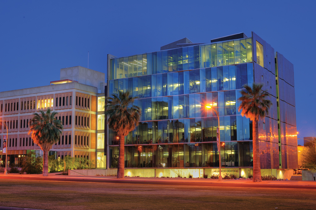 Rainscreen system installed at the west building envelope expansion of the University of Arizona’s Meinel Optical Sciences Center in Tucson, with its folded glass wall and copper-paneled, breathable cladding over precast concrete.