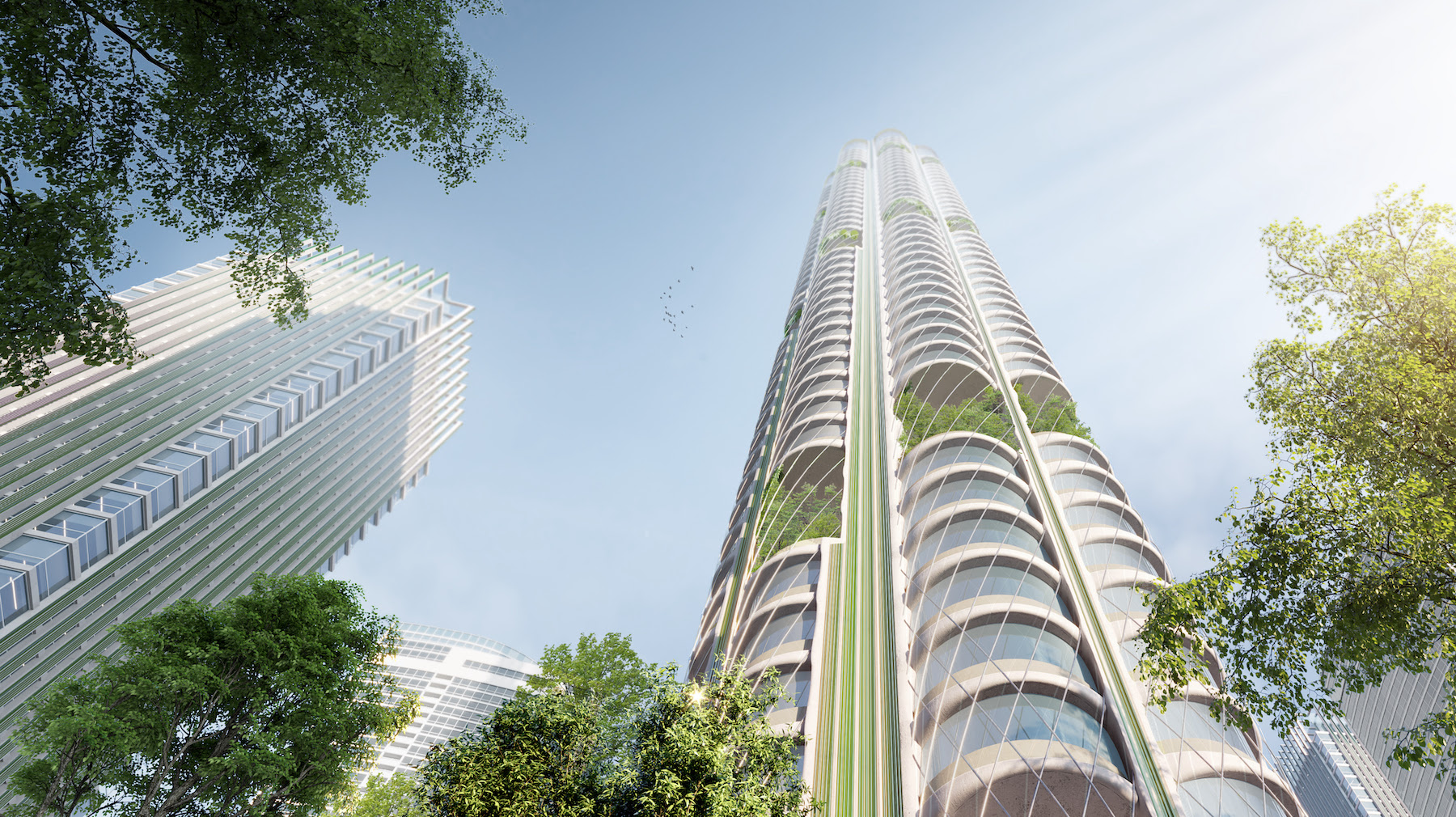 SOM's Urban Sequoia concept envisions buildings absorbing more carbon dioxide. Images: SOM