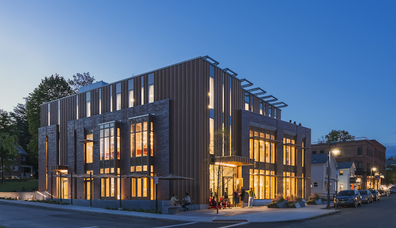 Williams College bookstore exterior at night