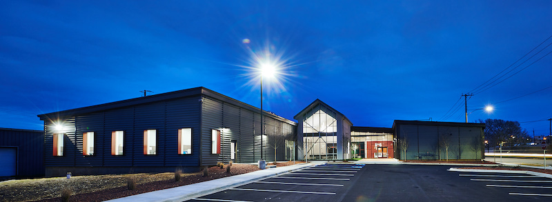 Firehouse Shelter exterior at dusk