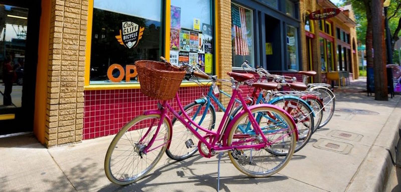 Colorful bikes parked on the street in Dallas