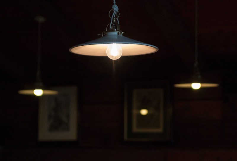 Lights hang from the ceiling in a building