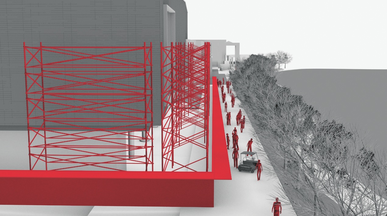 Gilbane created this 4D simulation to help visualize the planned work areas near public thoroughfares on a recent project. Rendering: Gilbane Building Company