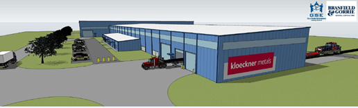 Final rendering of the new steel processing facility for Kloeckner Metals.