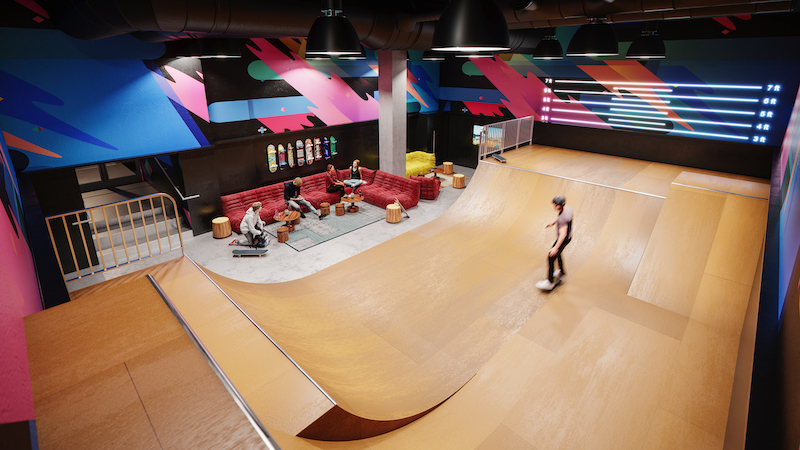 skate park at GID Development Group’s Waterline Square, a three-tower, luxury residential development on West 61st Street in Manhattan. Photo Noe & Associates