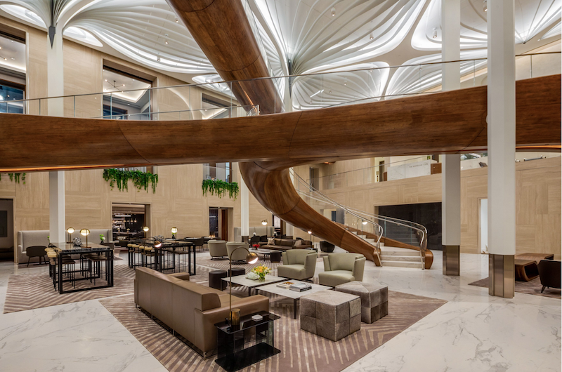 Lobby at GID Development Group’s Waterline Square, a three-tower, luxury residential development on West 61st Street in Manhattan. Photo Evan Joseph