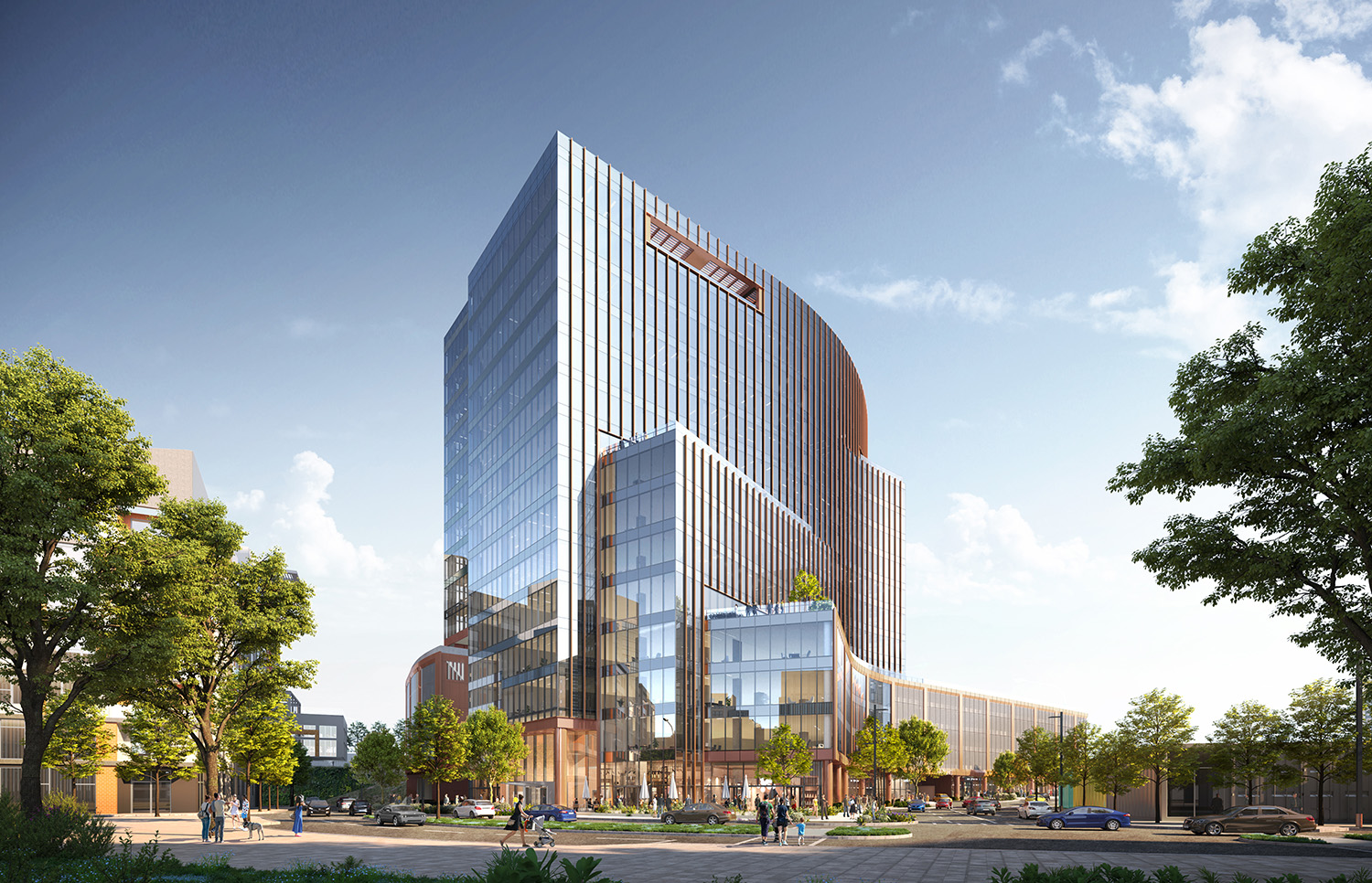 Construction recently started on 5 City Blvd, a 15-story office and mixed-use building in Nashville. Rendering courtesy Goettsch Partners