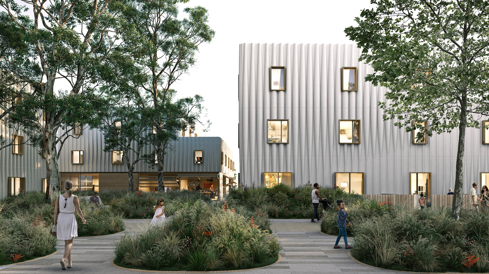 MycoComposite building facade at The Phoenix affordable housing development in California