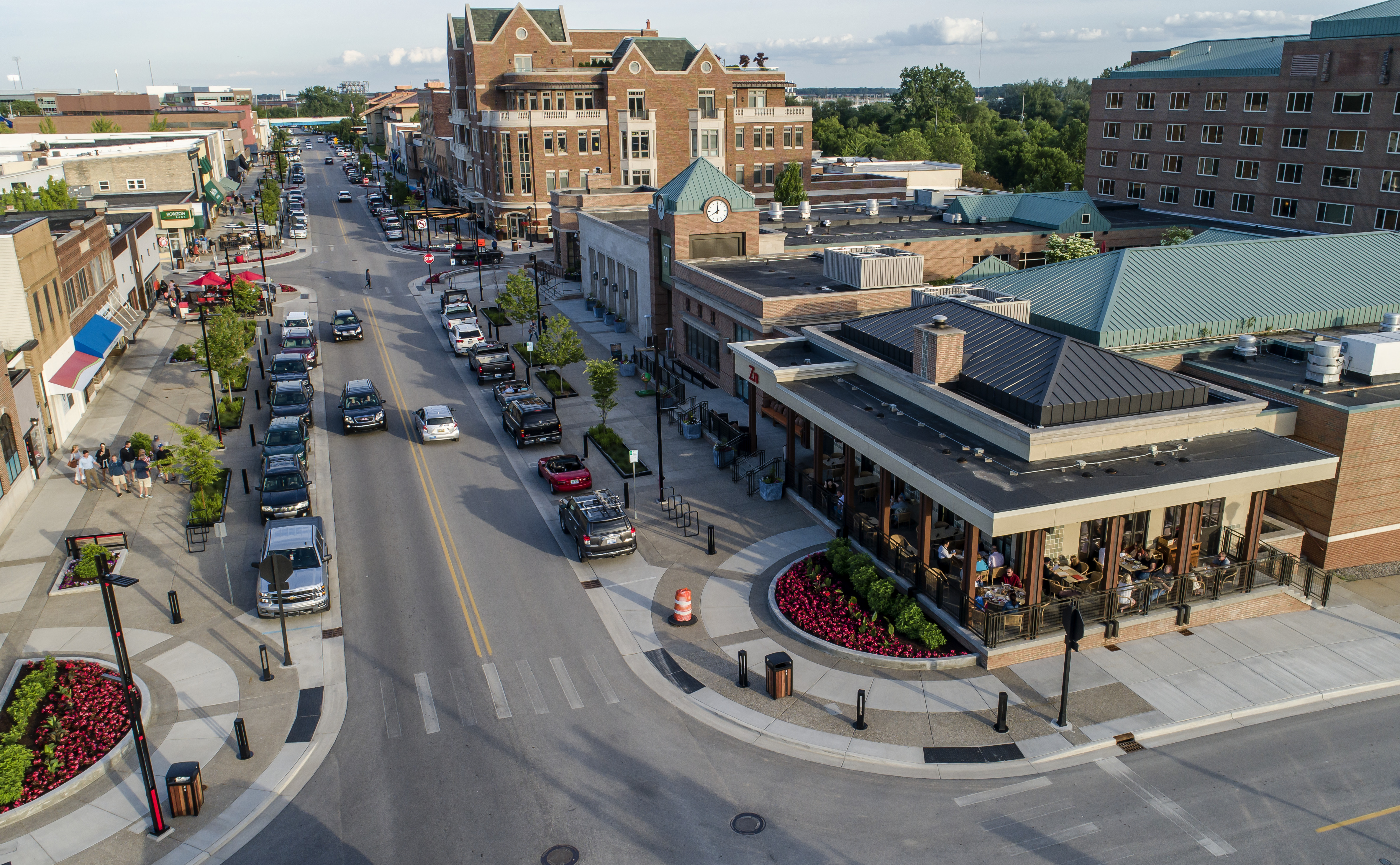 Top-down view of pedestrian-friendly street