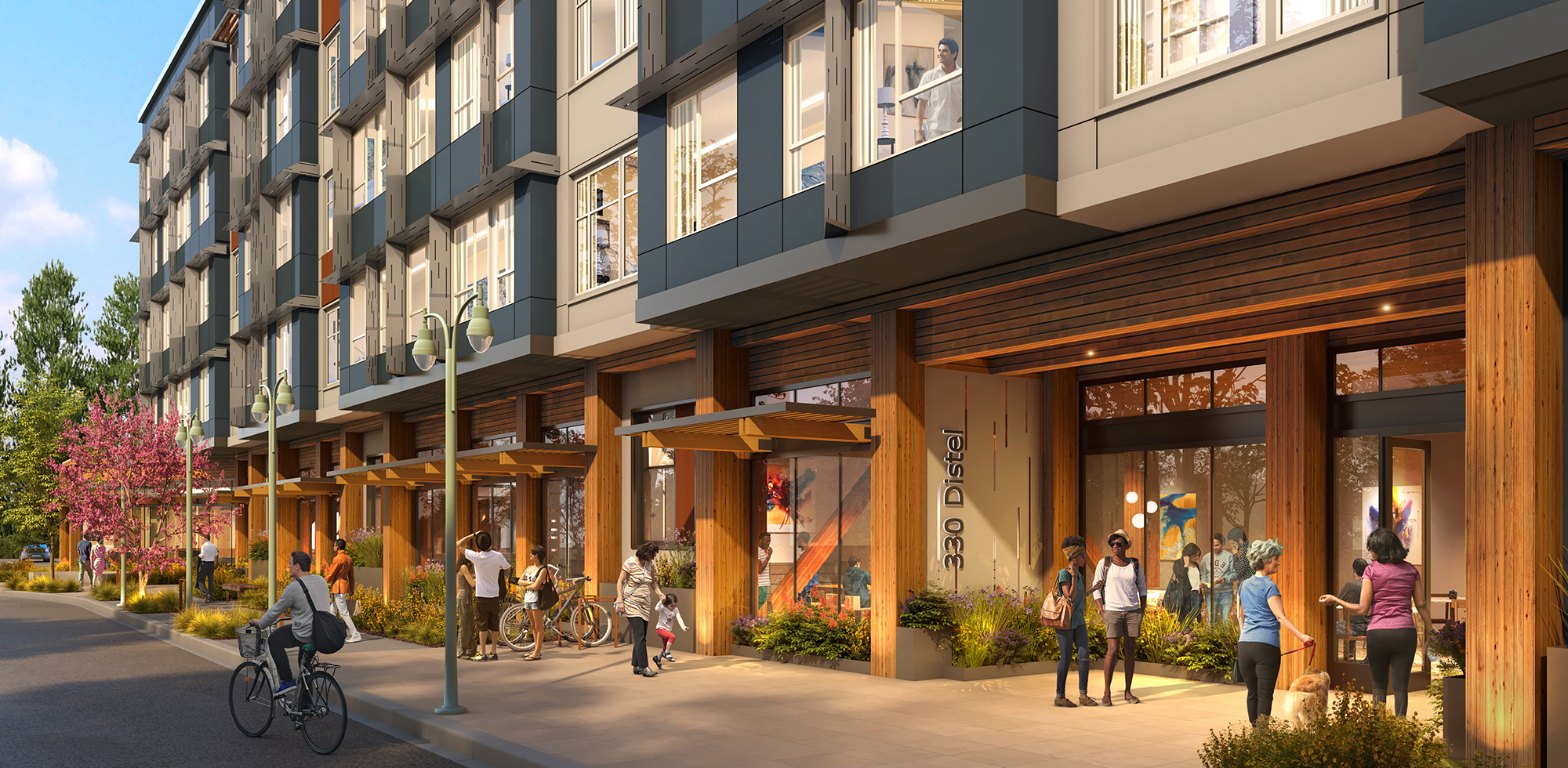 Distel Circle’s 90-unit development concept, lobby entrance view. Rendering courtesy KTGY