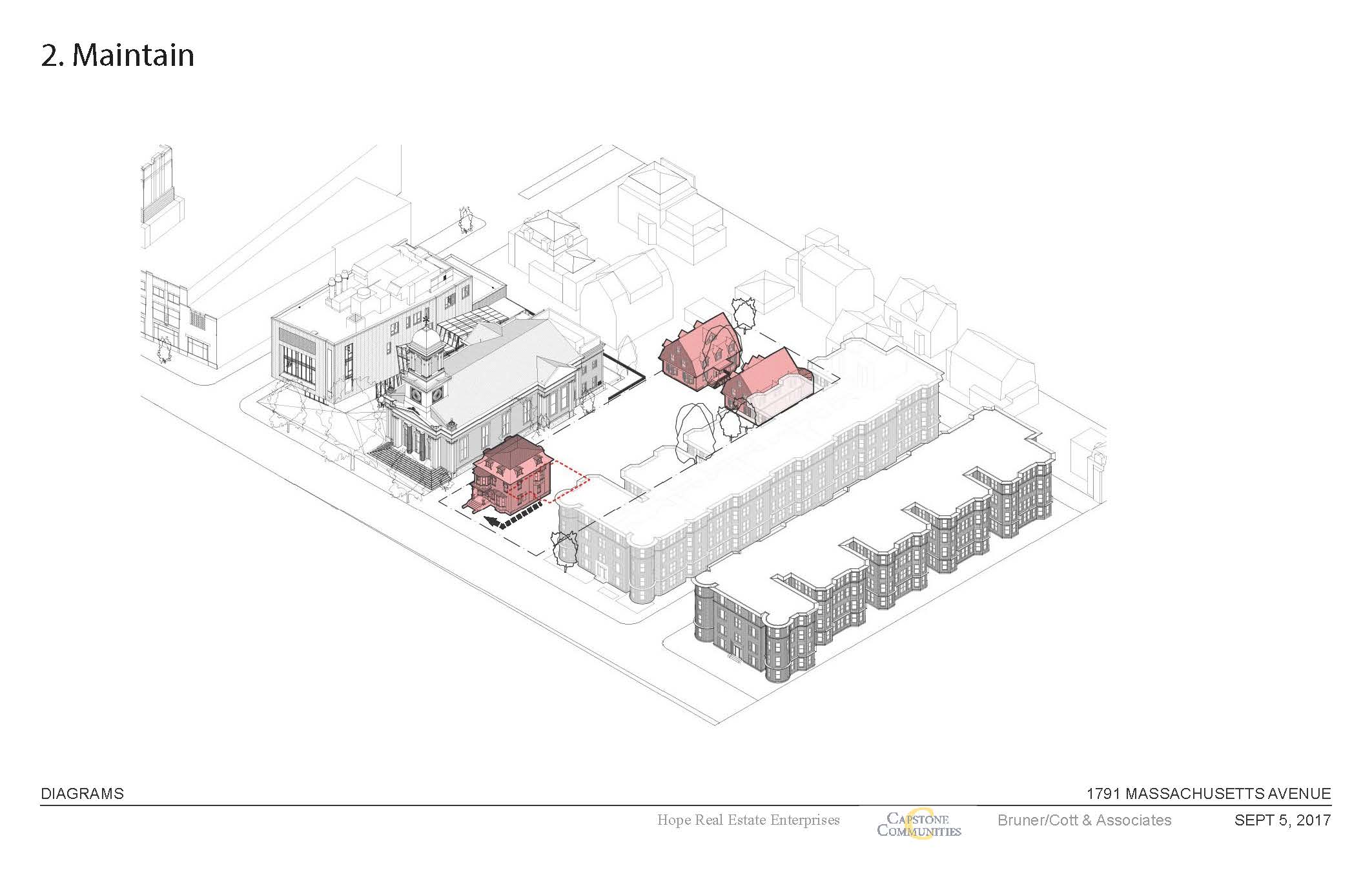 Before and after site plans for the Frost Terrace affordable housing project, Cambridge, Mass. 