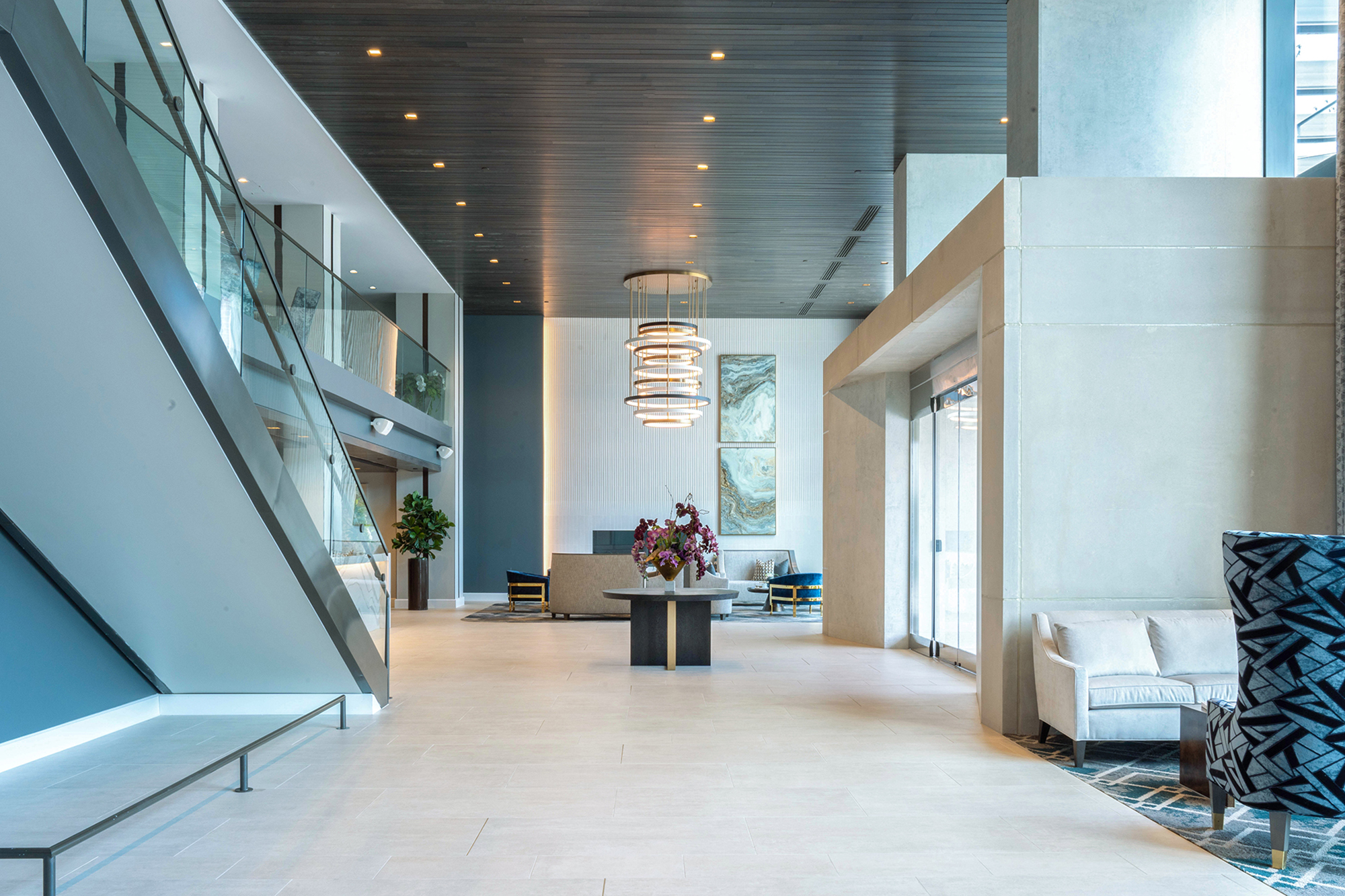 Interior lobby of senior living community River Tower