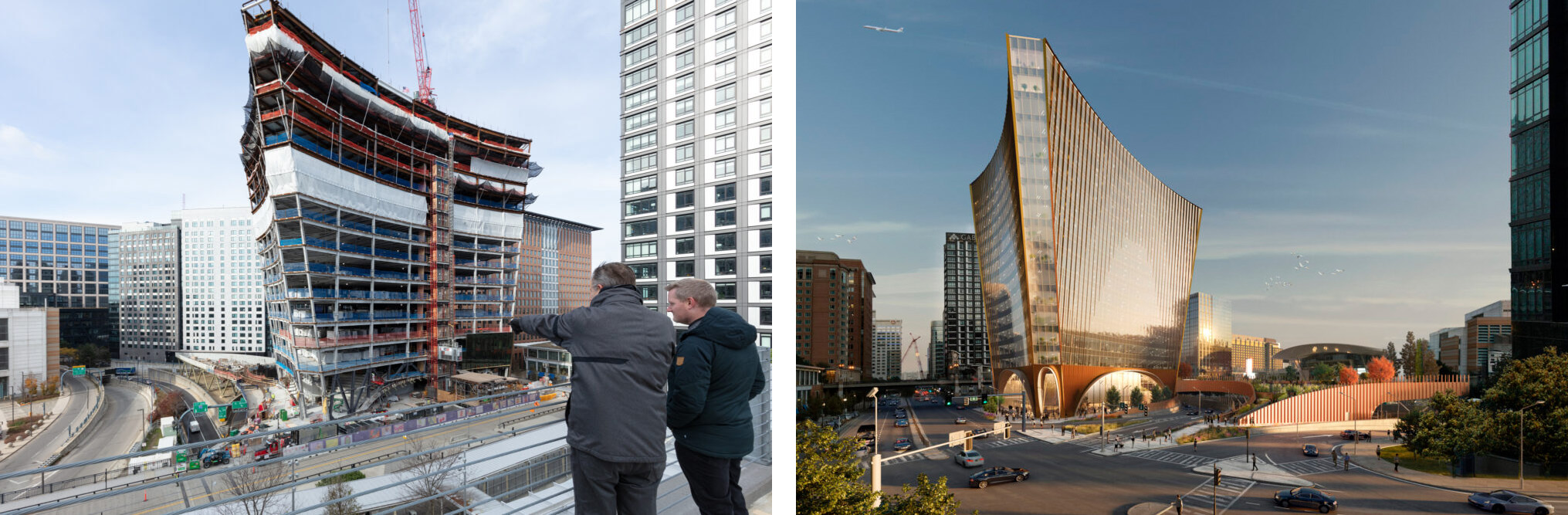 Two men stand above the highway, pointing across the roadway to 10 world trade, which is under construction