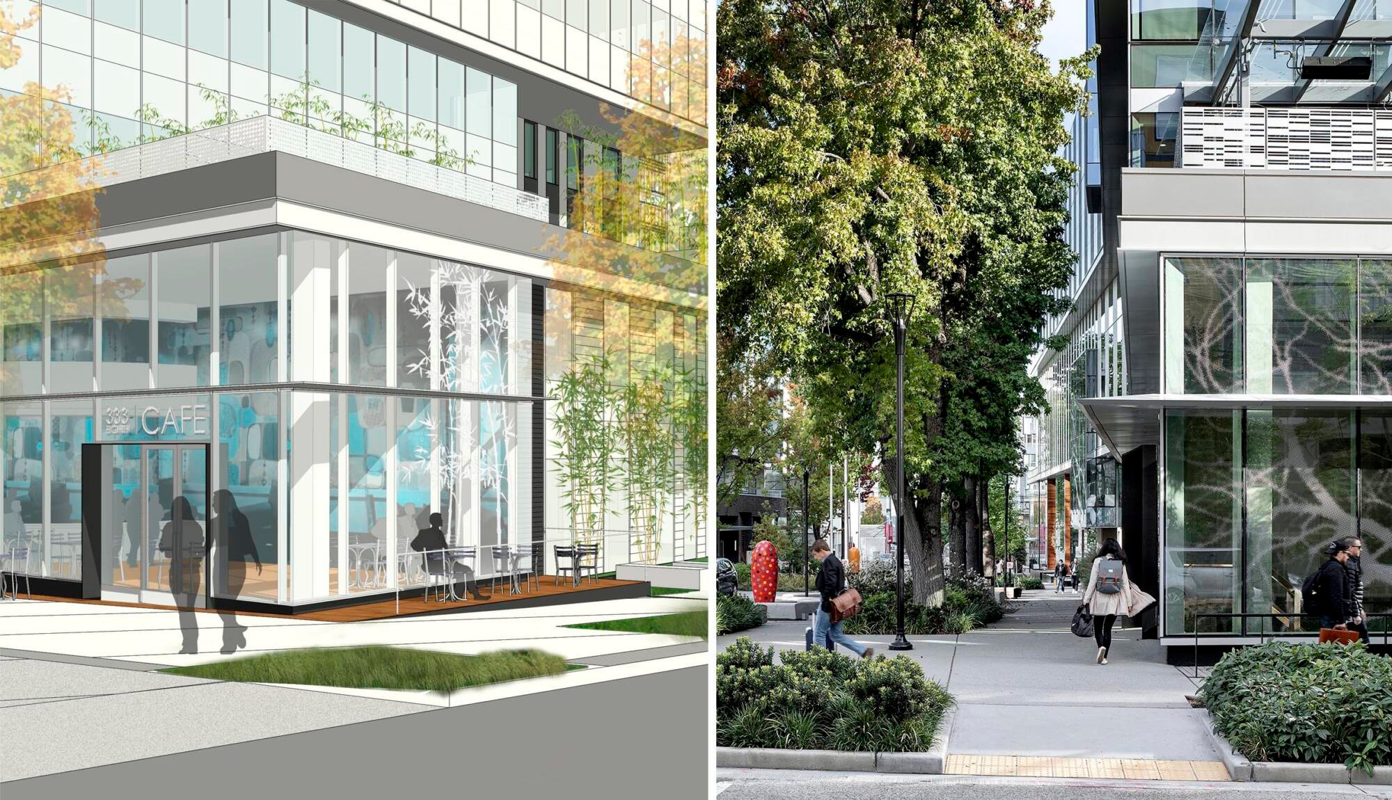 Left: Design drawing of digitally printed glass concept. Image: Graphite Design Group  Right: Final installation highlighting area of tree graphic on glazing