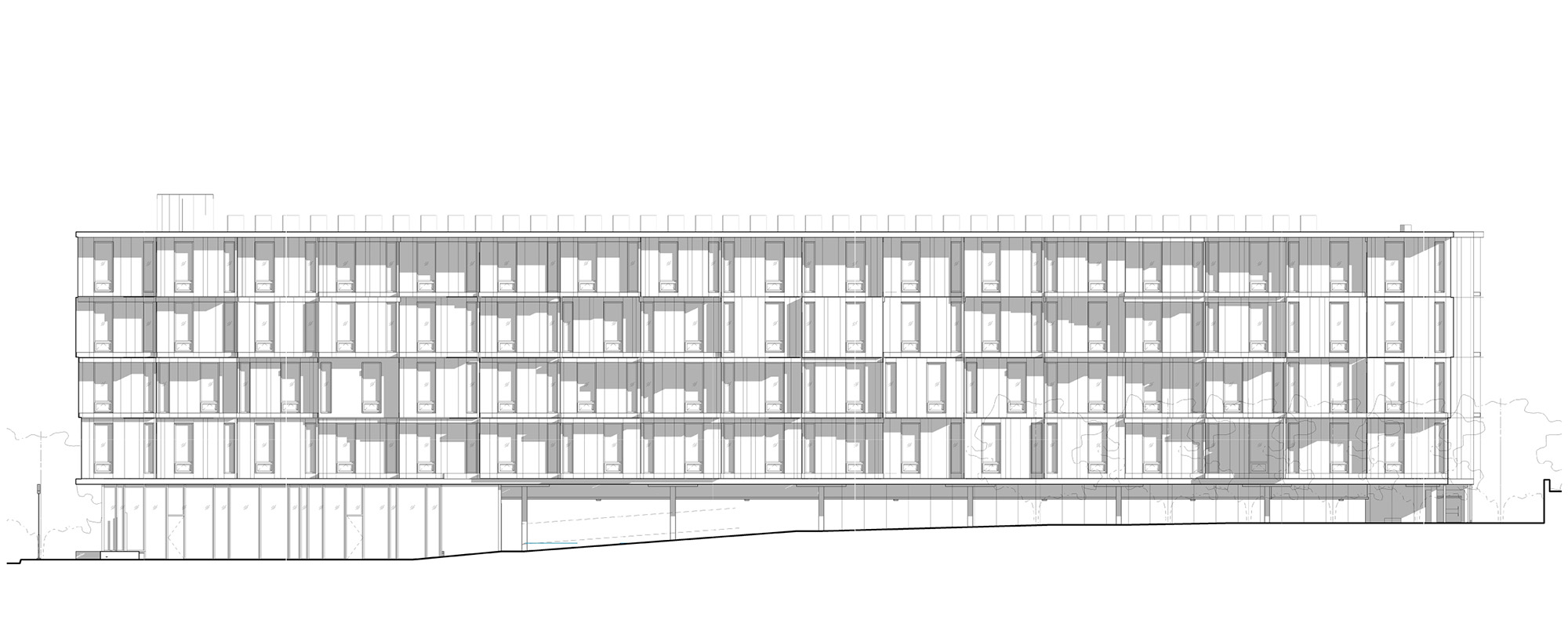  Kansas City project’s elevation shows the cast-in-place concrete plinth under the pods