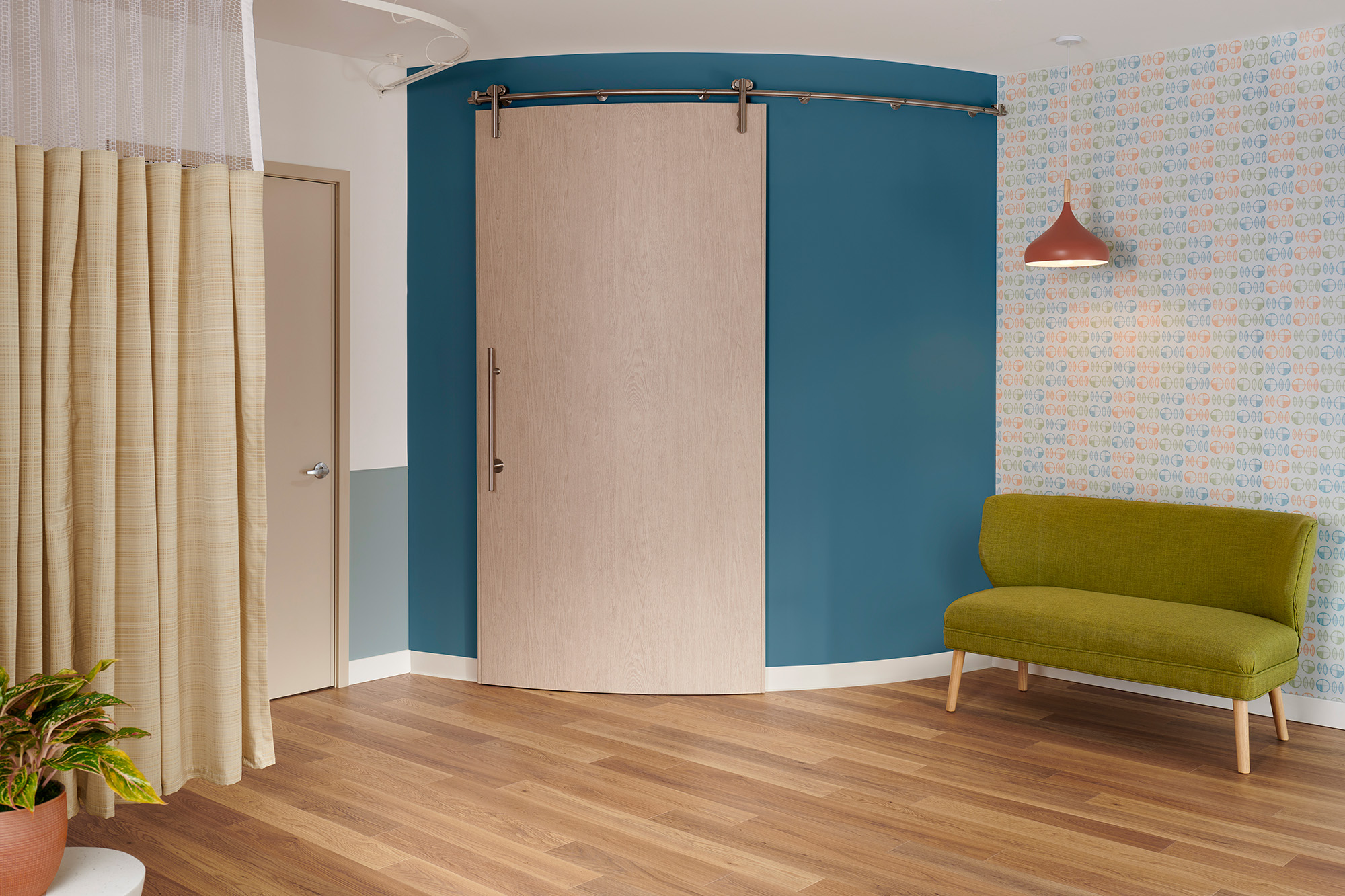 Curved wooden door in hospital