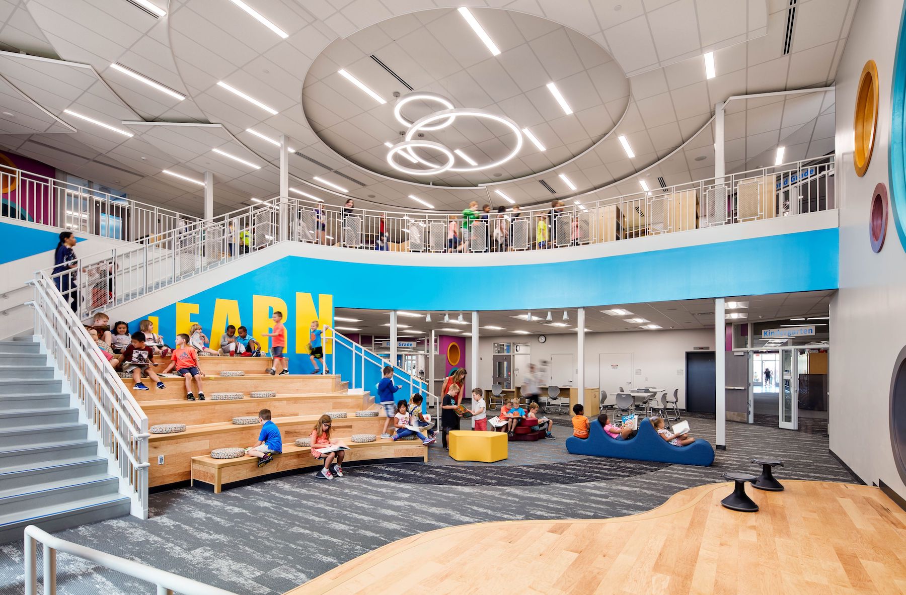 The Media Center at Centerview Elementary School opens to an adjacent cafeteria.