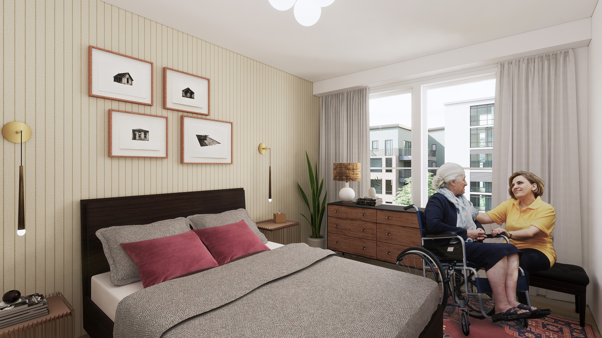 Senior care in bedroom of multifamily residence