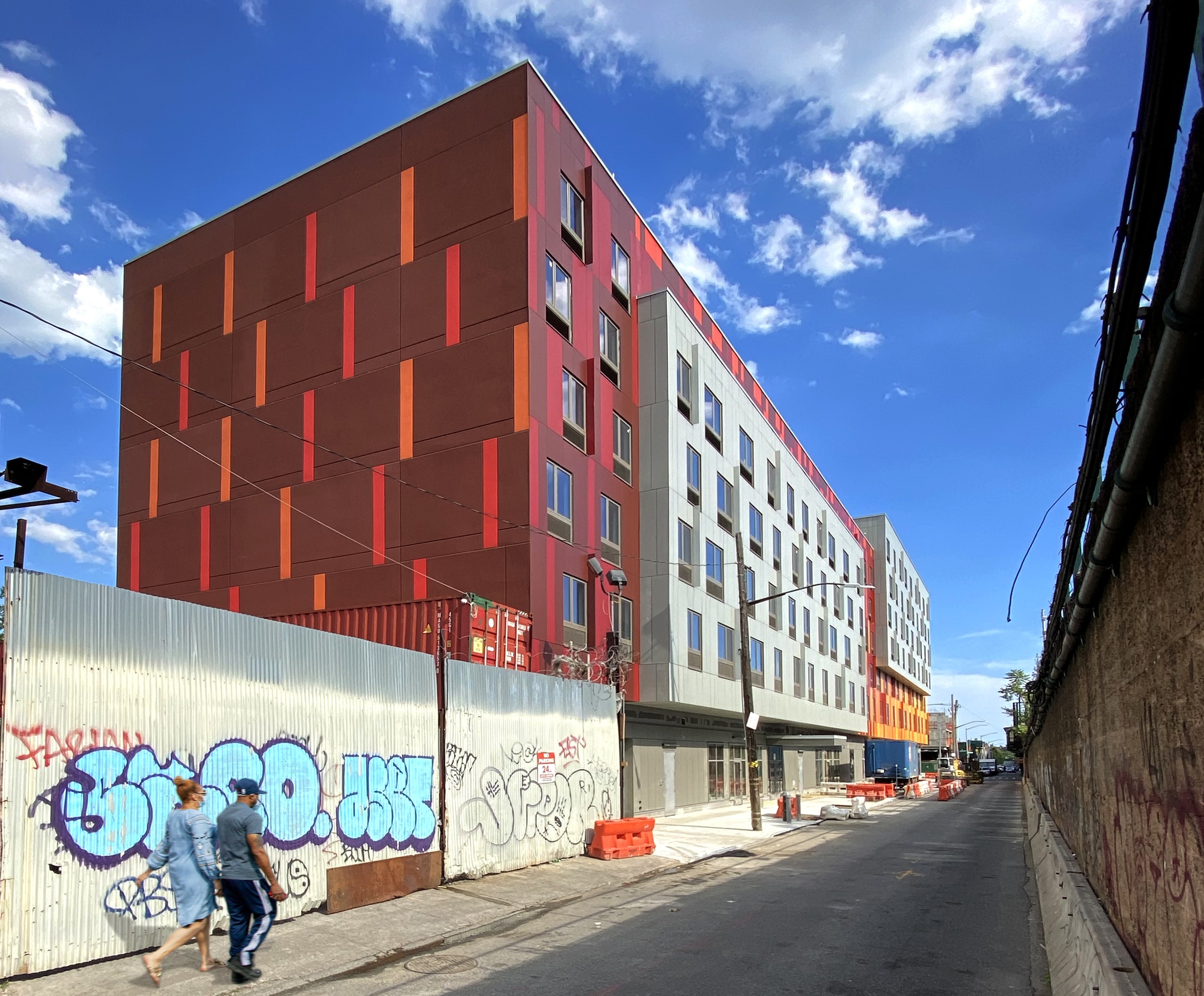 Brooklyn's colorful Van Sinderen Plaza affordable housing project includes retail, public spaces. Photo courtesy GLUCK+