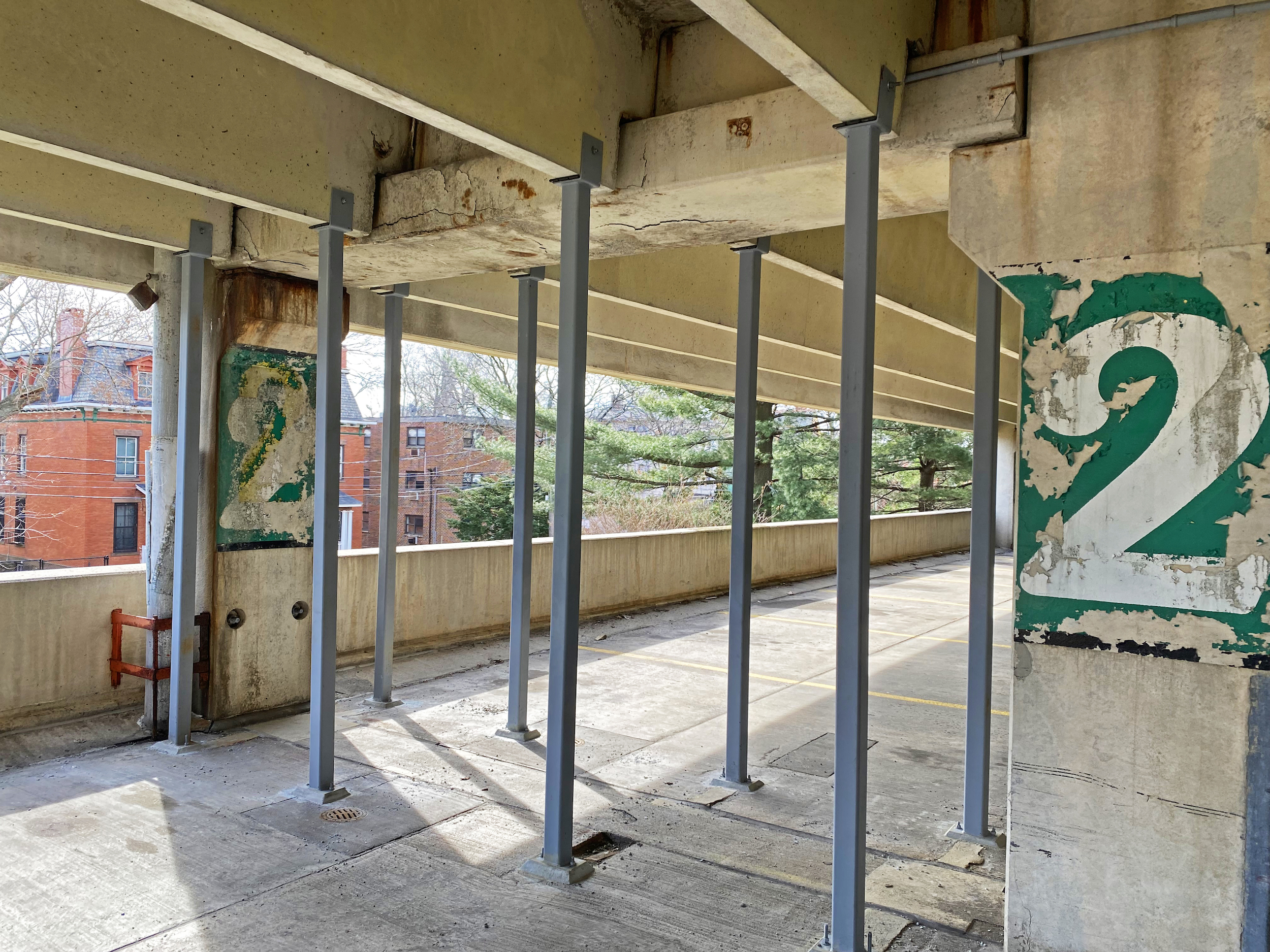 Temporary shoring at a deteriorated garage beam. Photo courtesy Hoffmann Architects + Engineers