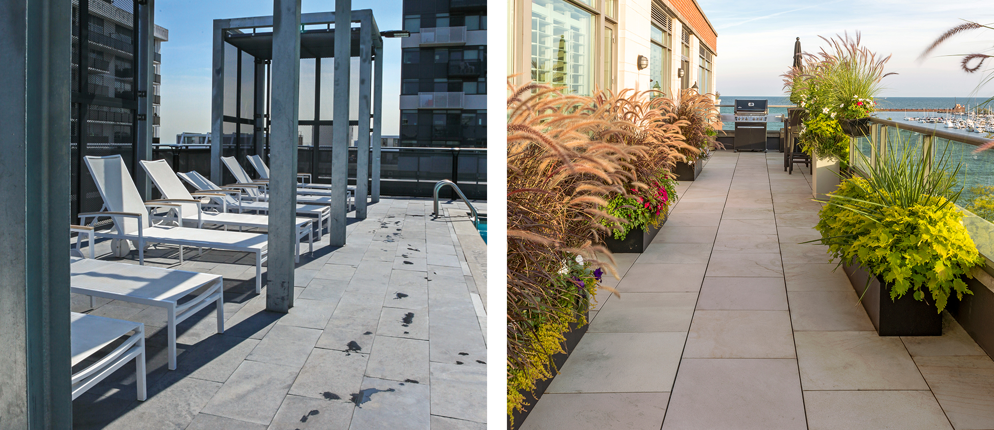 A natural stone slabs pave the rooftop pool deck at 99 Davisville in Toronto and a balcony at a multifamily residence.