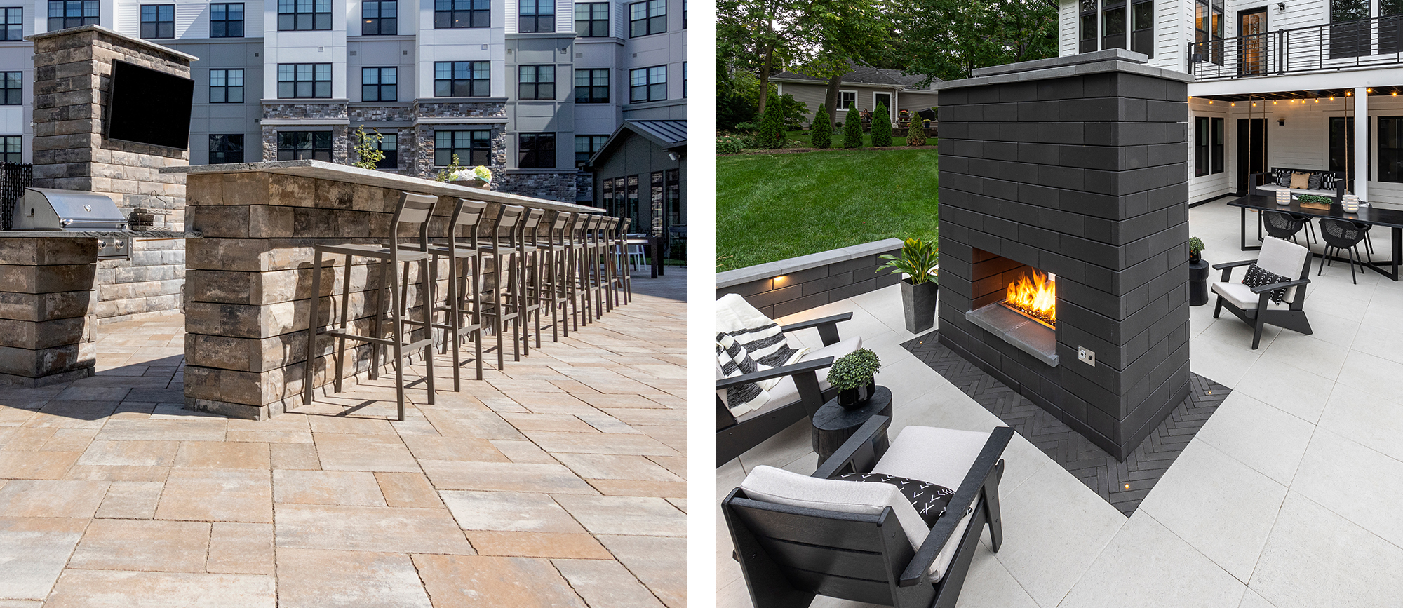 Comprised of aluminium frames and concrete fascia panels, this modular wall system creates a beautiful kitchen and bar island for this outdoor amenity at a multifamily residence. The same system adds a modern fireplace to this backyard retreat at a residential home.