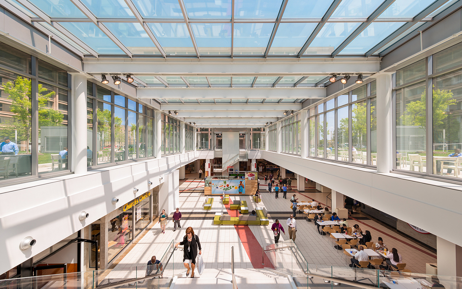 L'Enfant Plaza interior of retail, restaurants, office space and residential apartment buildings.