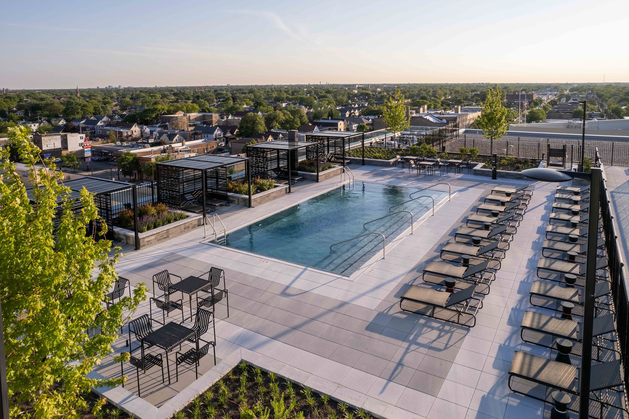 Rooftop pool at mixed-use adaptive reuse project in Chicago, Ill.