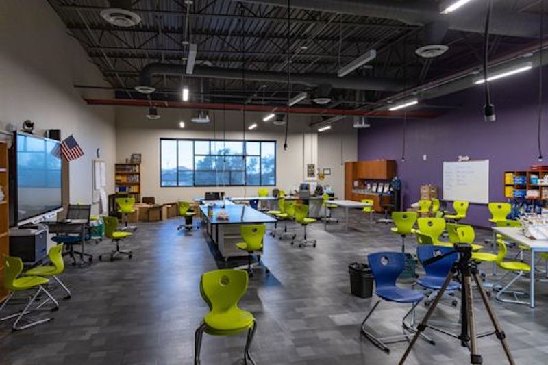 New science classroom includes lab stations.