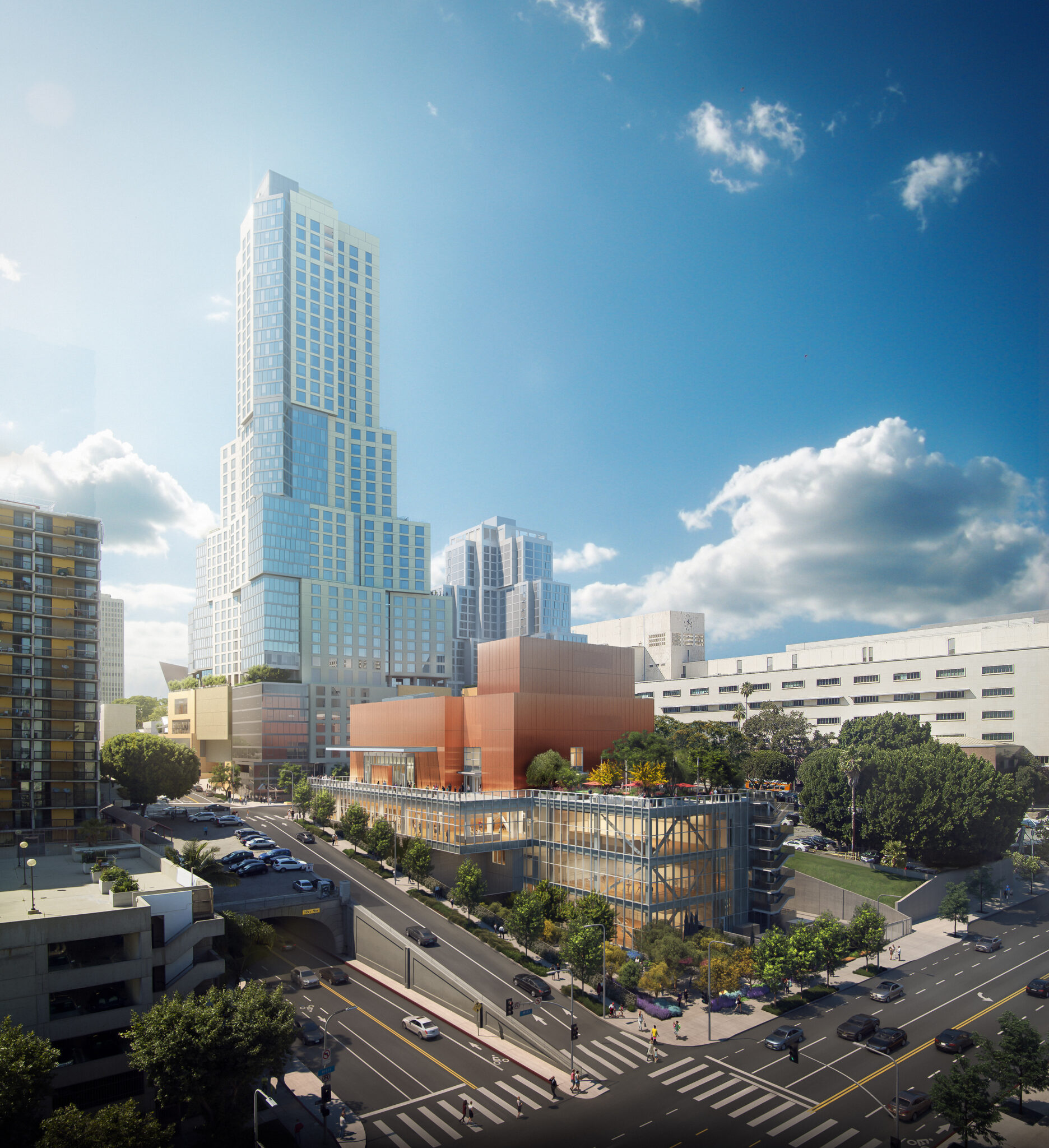 Rendering of the Colburn Center at the Colburn School. View from Hill Street and 2nd Street intersection. Courtesy Frank O. Gehry & Gehry Partners, LLP