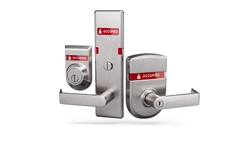 Locks with visual indication trims allow health care professionals to check the status of a restroom without encroaching on patient privacy.