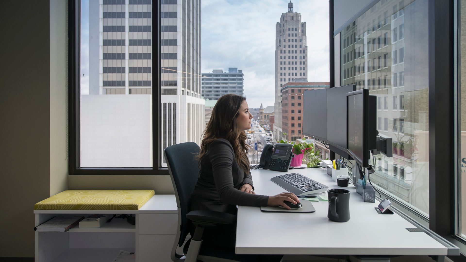 Office worker at desk by window