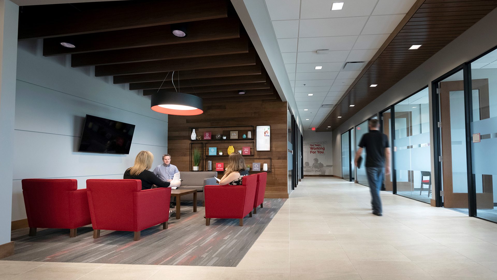 ALEC lobby with wood ceiling detail and soft seating area