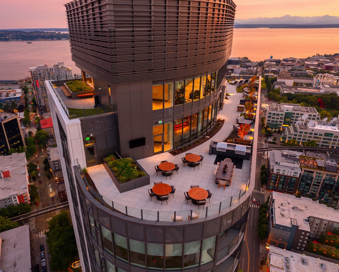 Spire terrace aerial view at sunset