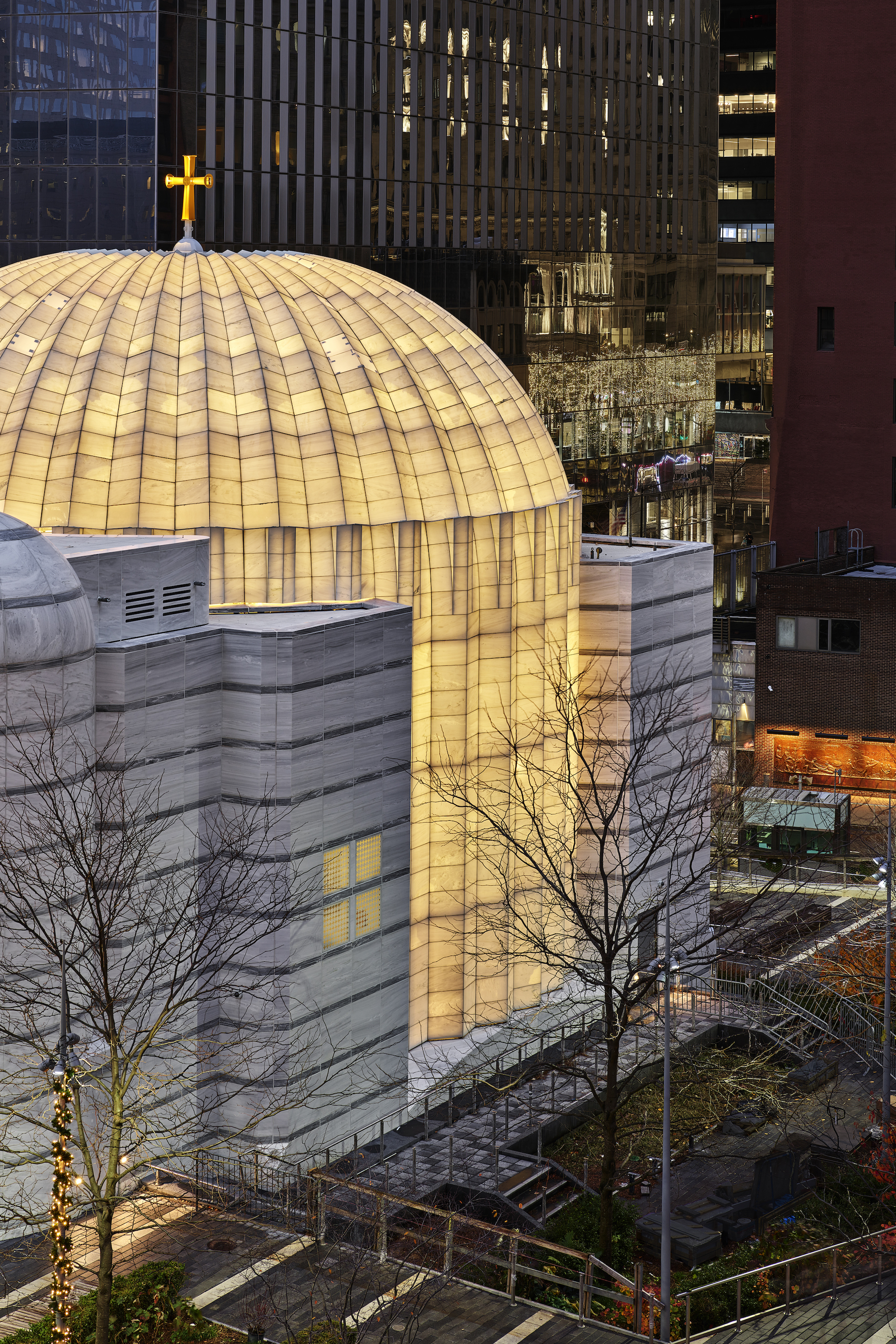 St.Nicholas Greek Orthodox Church and National Shrine Pentellic marble illuminated at dusk Photo(s) © Alan Karchmer for Santiago Calatrava