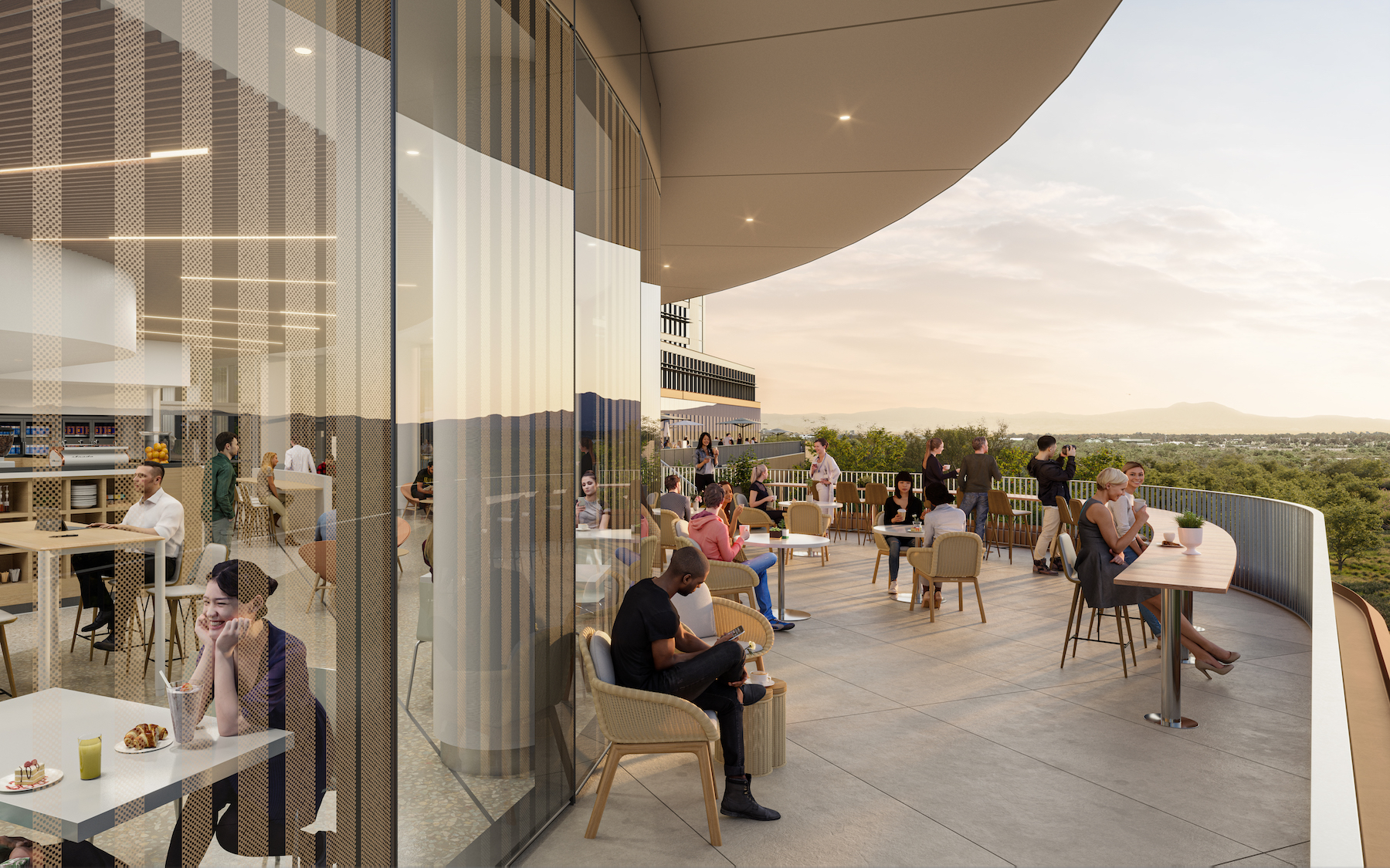 Public terraces provide views of the marsh and campus