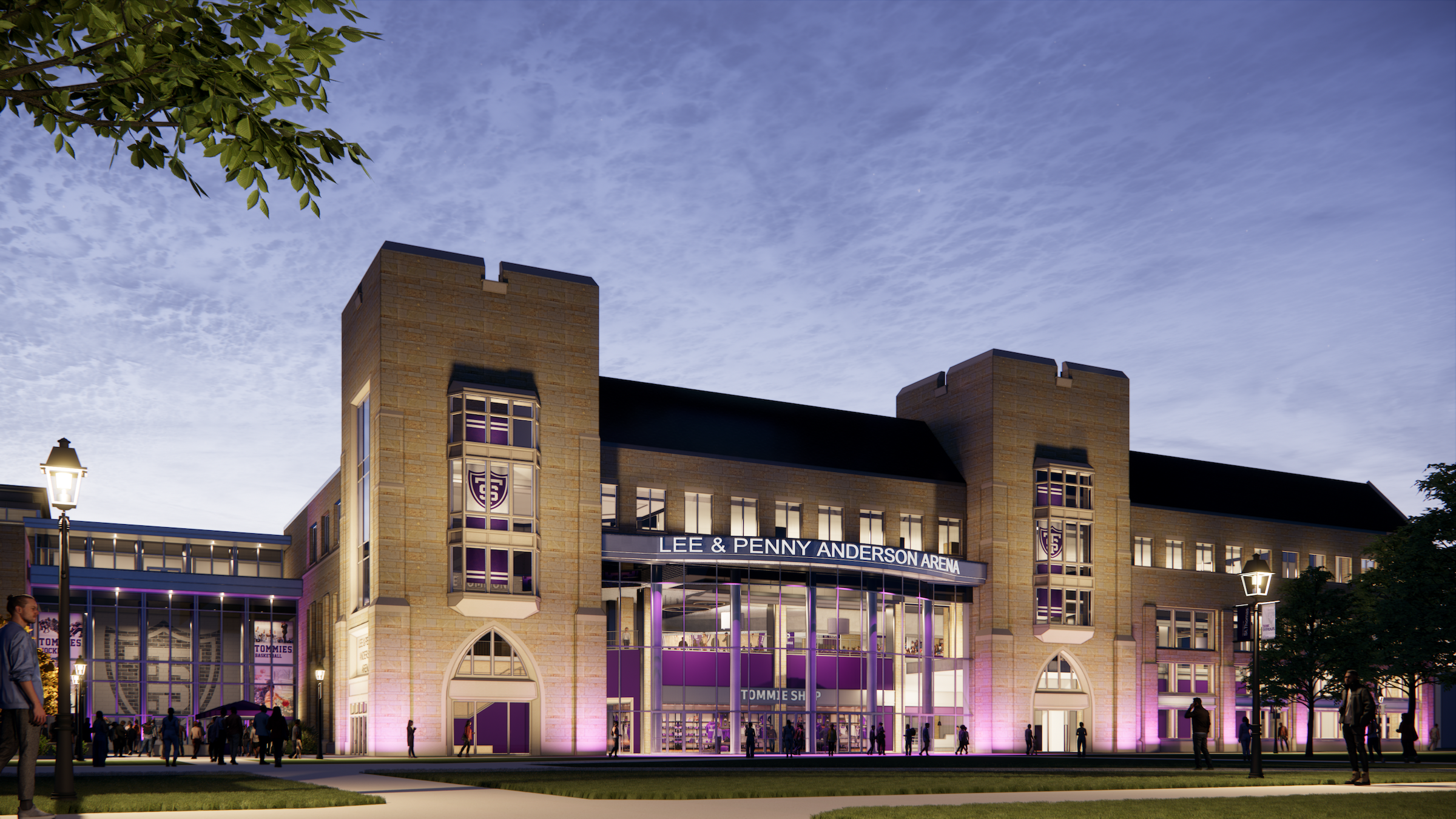 University of St. Thomas Lee and Penny Anderson Arena Renderings courtesy Ryan Companies, Crawford Architects North Quadrangle Night View