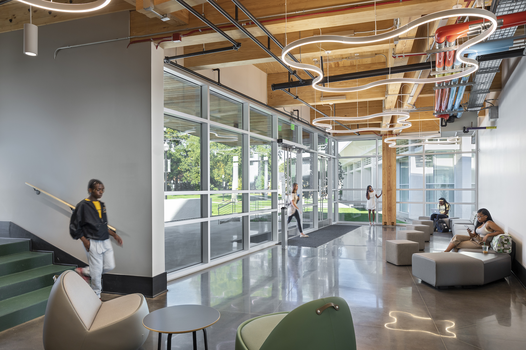 A first floor lobby with a view of the Richardson Center for the Arts.