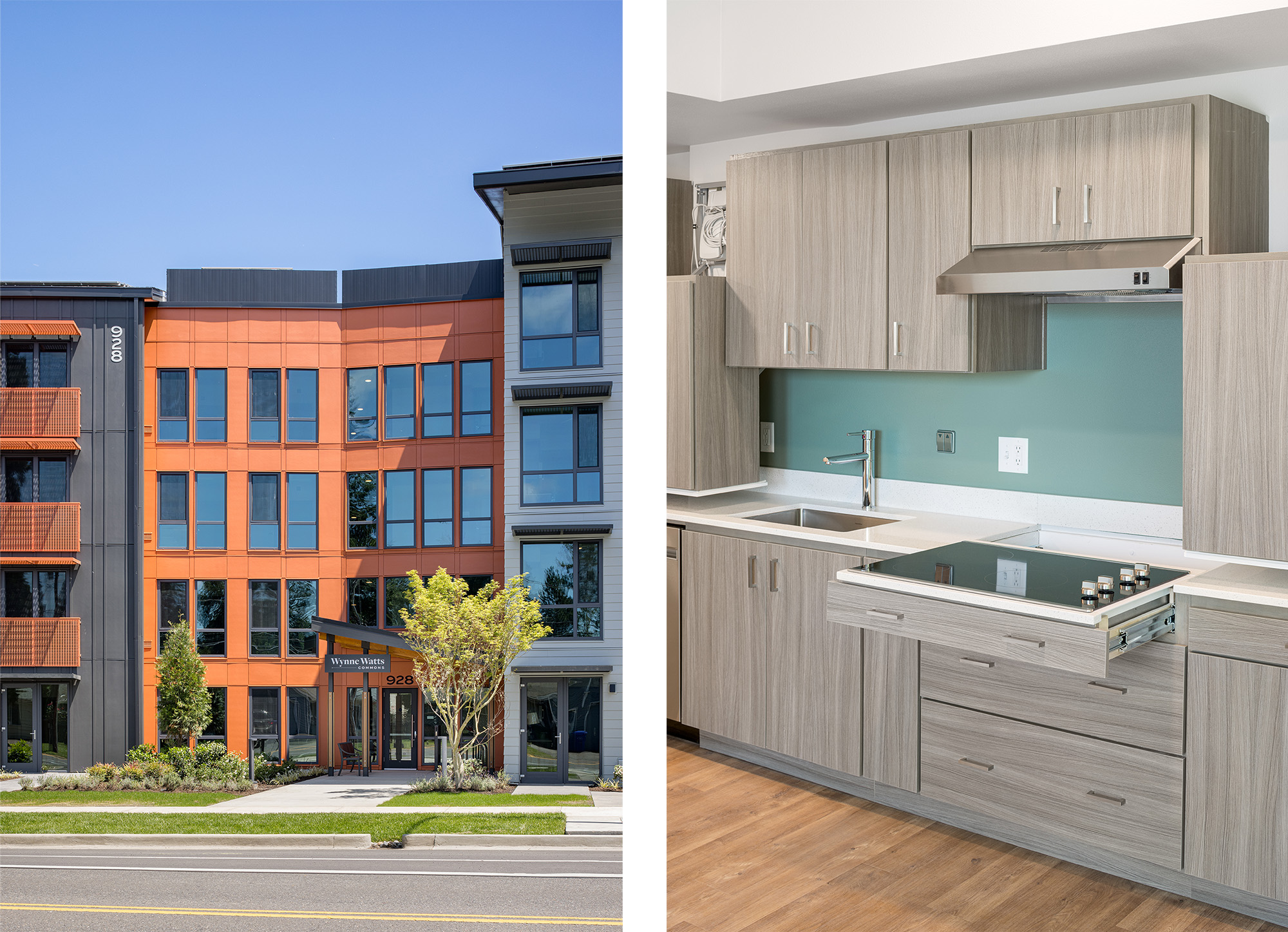 Multifamily sustainable development exterior and interior kitchen