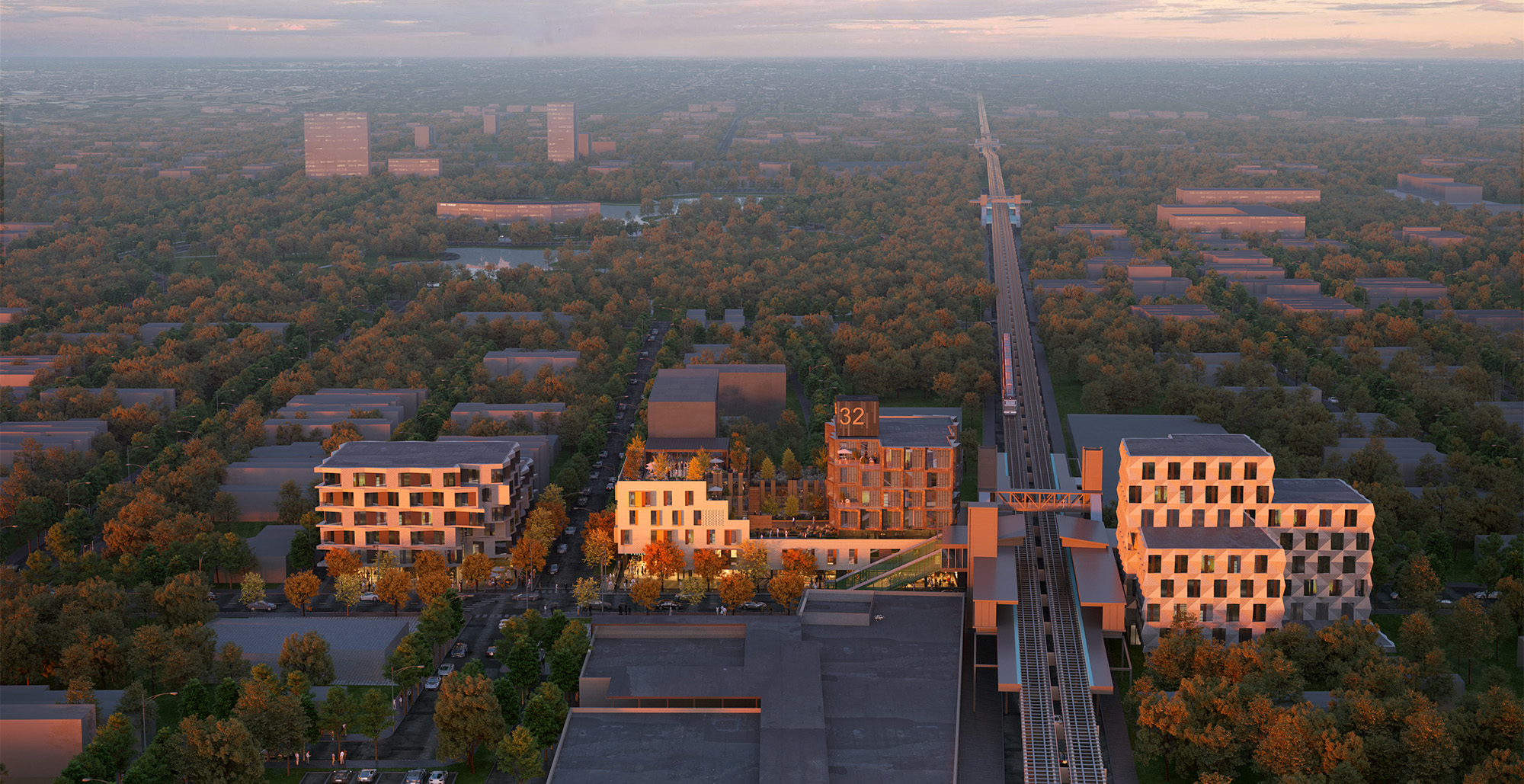 HUB 32 multifamily, mixed-use development rendering aerial shot