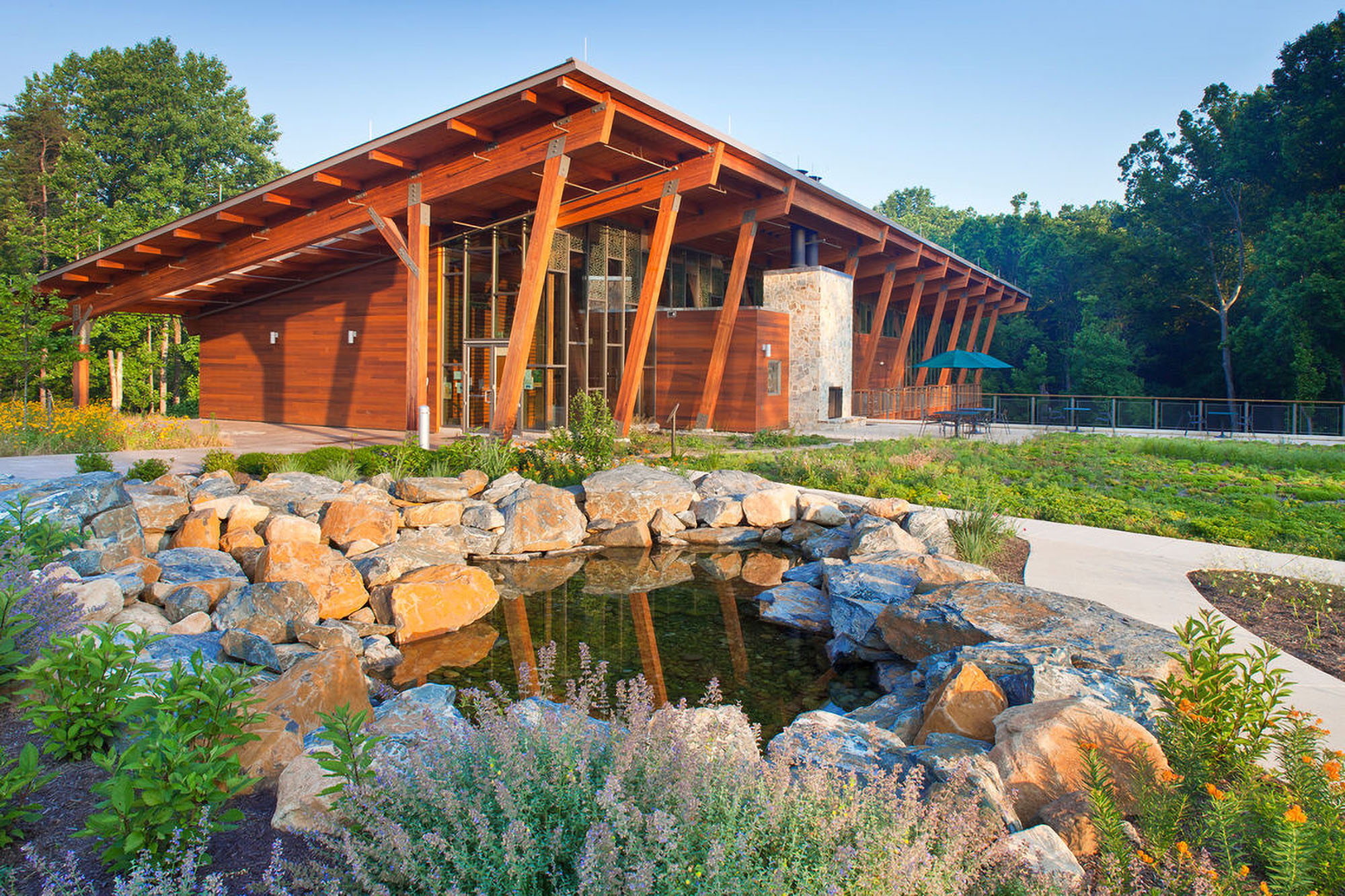 Robinson Nature Center front flower and pond