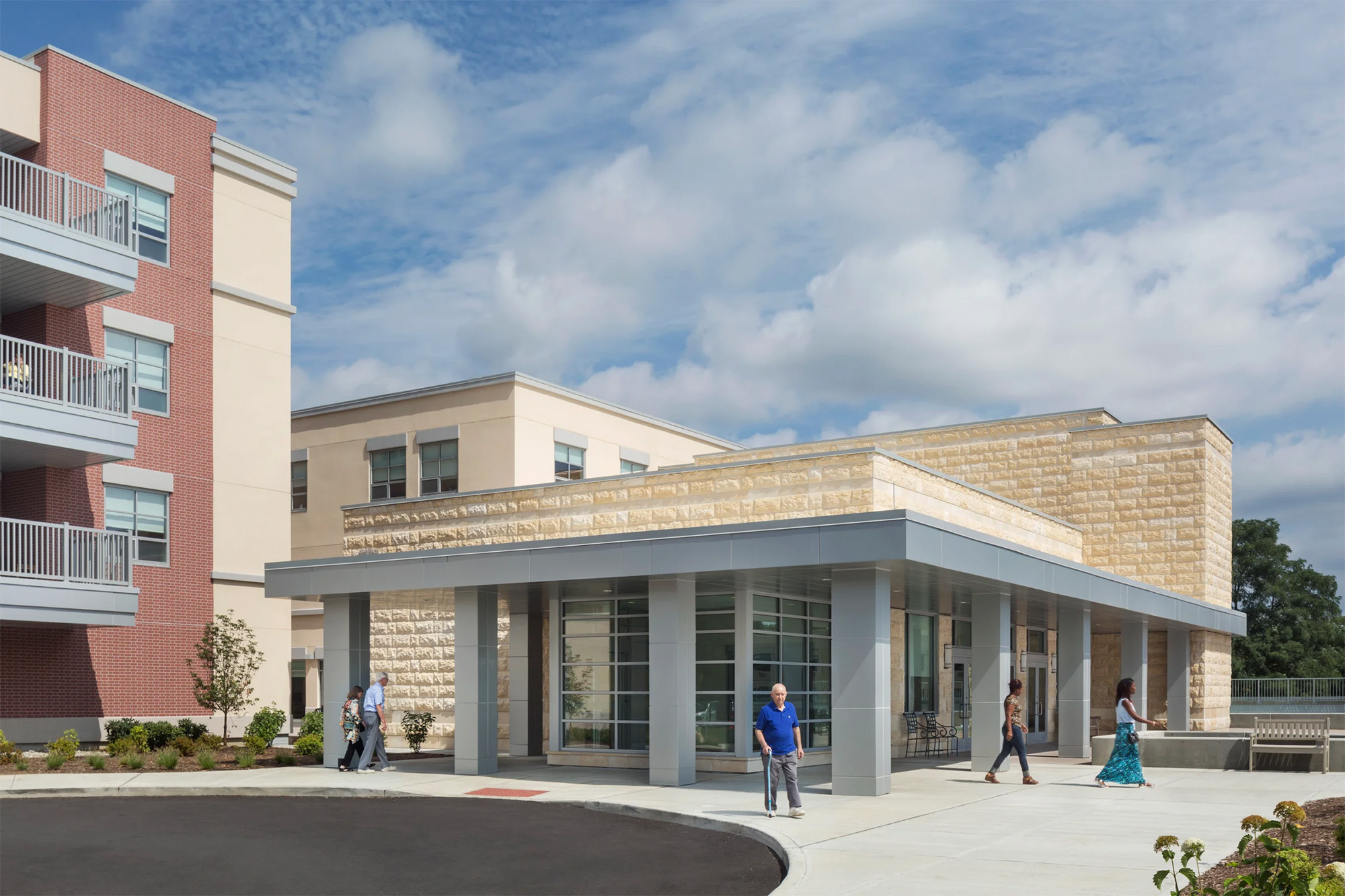 Jewish Senior Services skilled nursing home entry pavilion featuring blocks of Jerusalem Stone