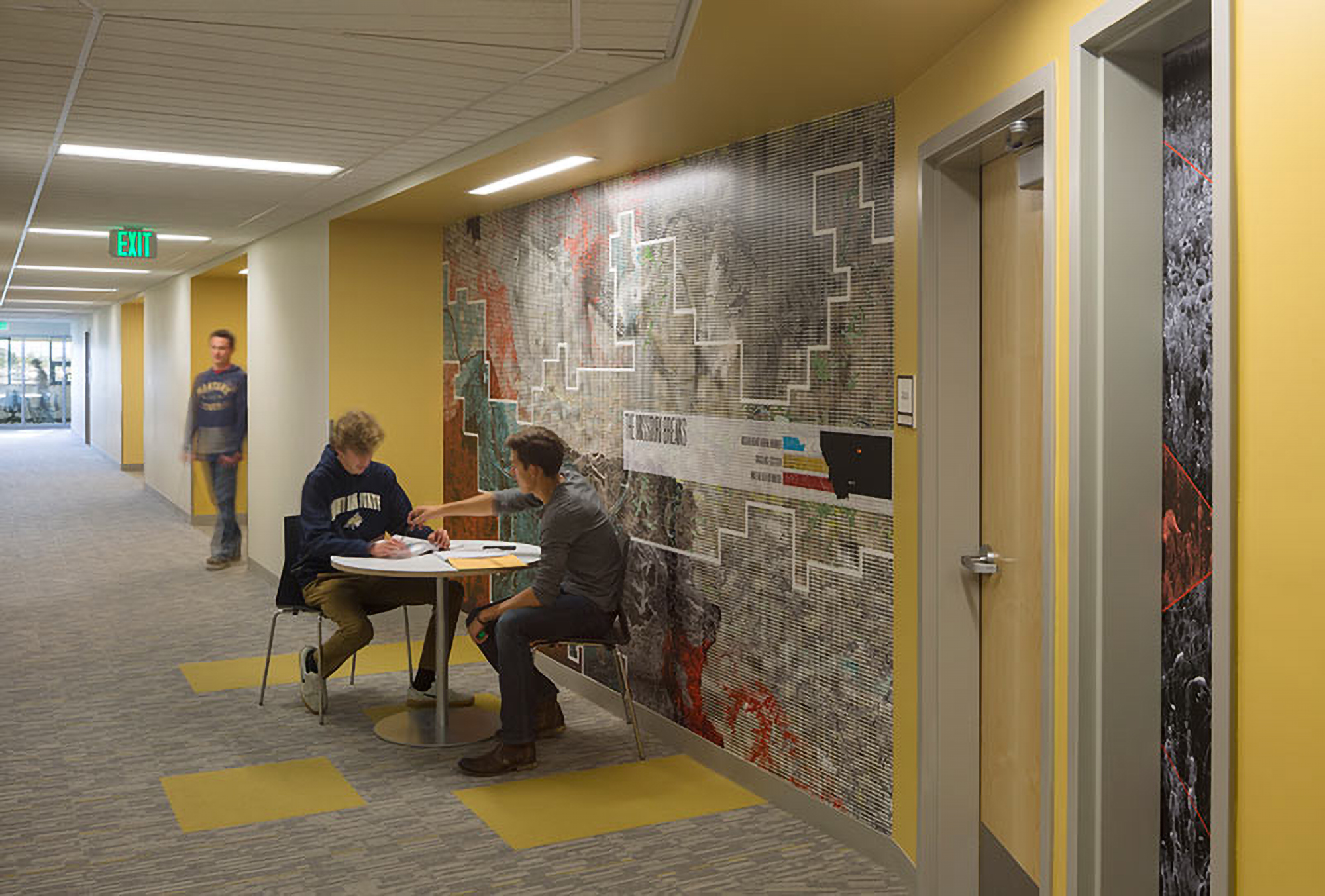 Wide corridors at Montana State University’s Yellowstone Hall