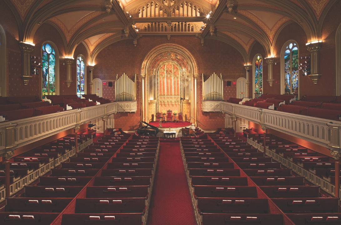 Decorative plaster and painted ceilings once again display their original beauty at this Marble Collegiate Church