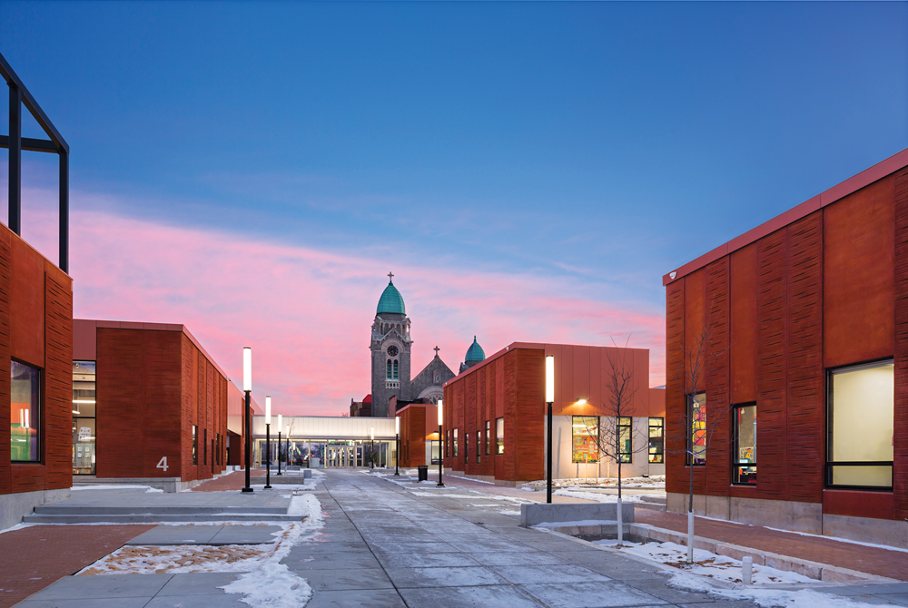 Low-rise structures and pedestrian streets characterize the new Henderson-Hopkin